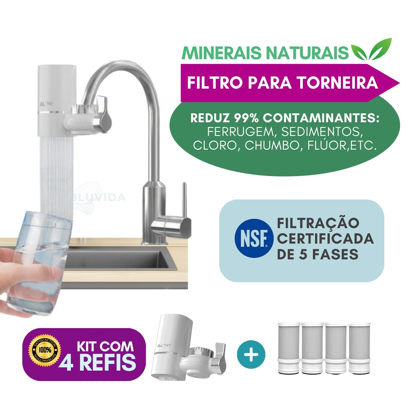Filtro de Torneira Althy instalado com 4 refis – Bluvida