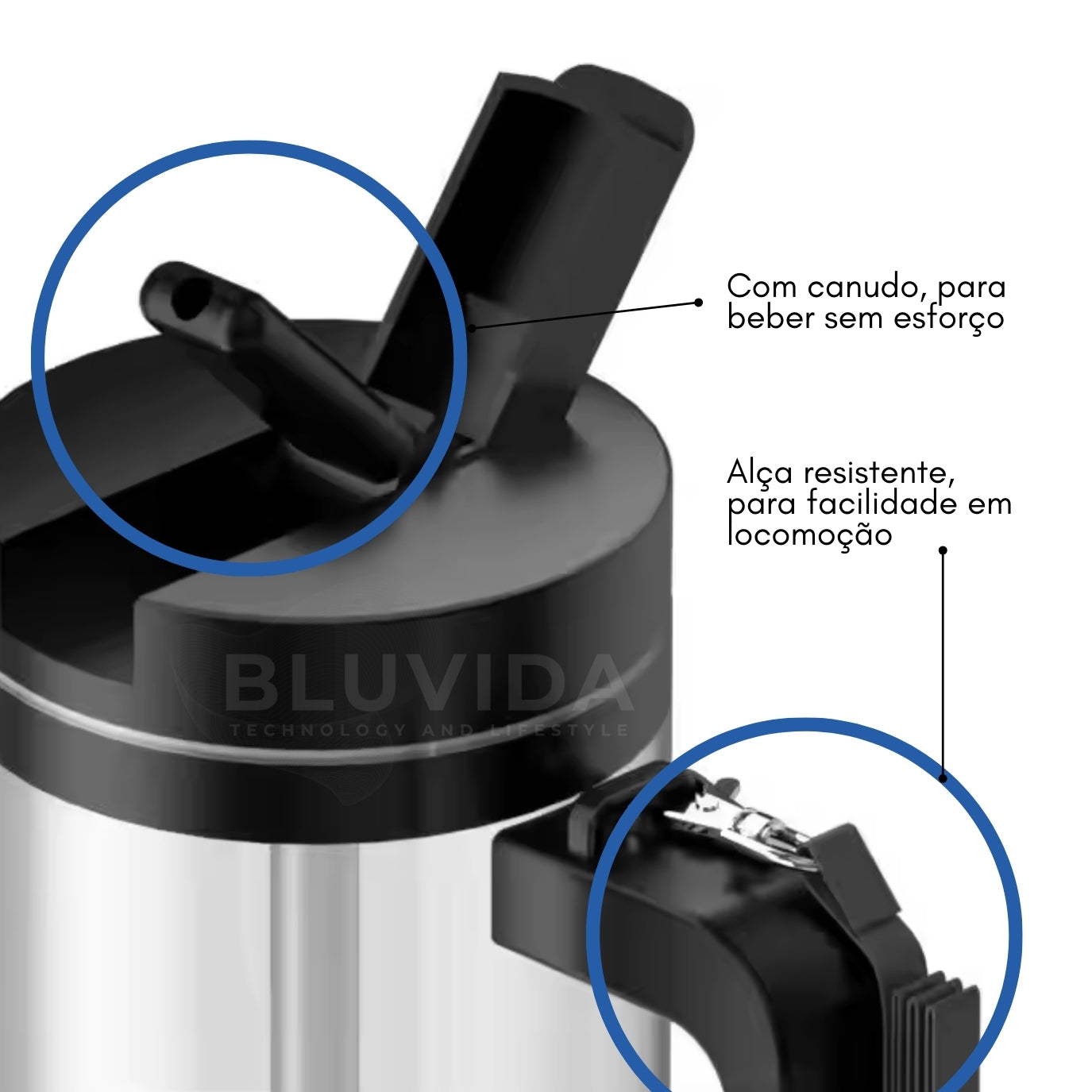 Close no bico ergonômico e alça lateral para transporte prático