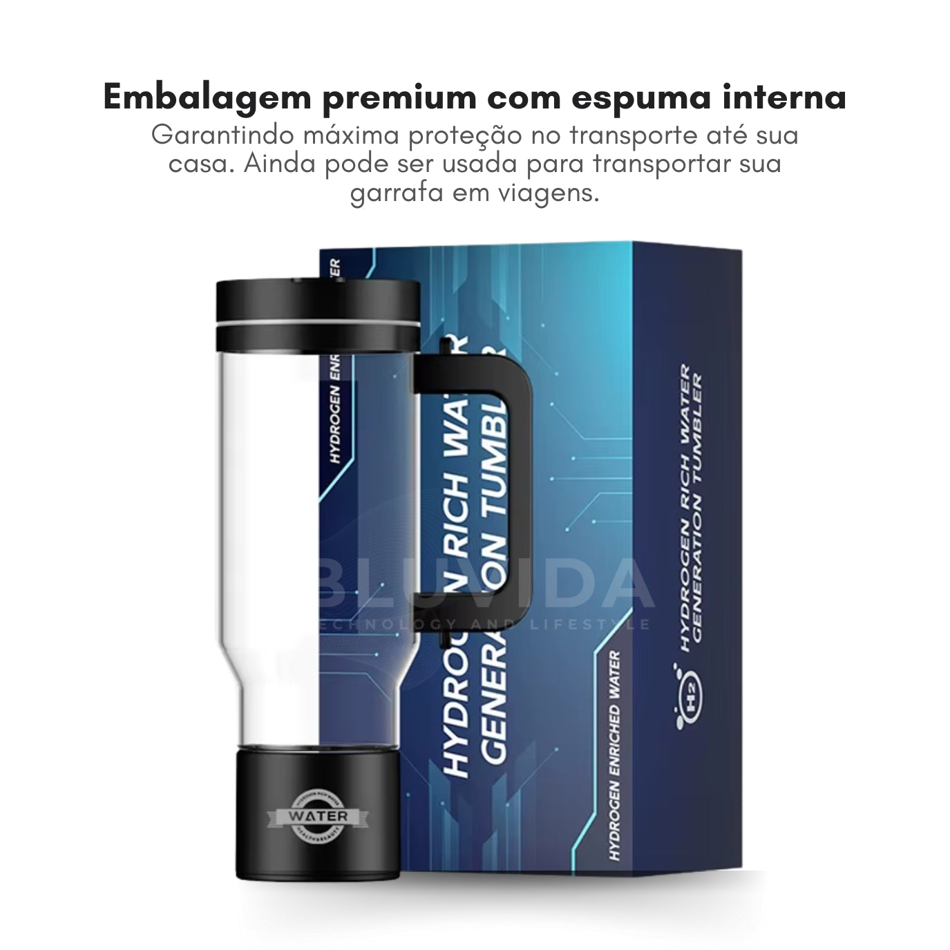 Garrafa MAX ao lado da caixa original Bluvida – apresentação completa