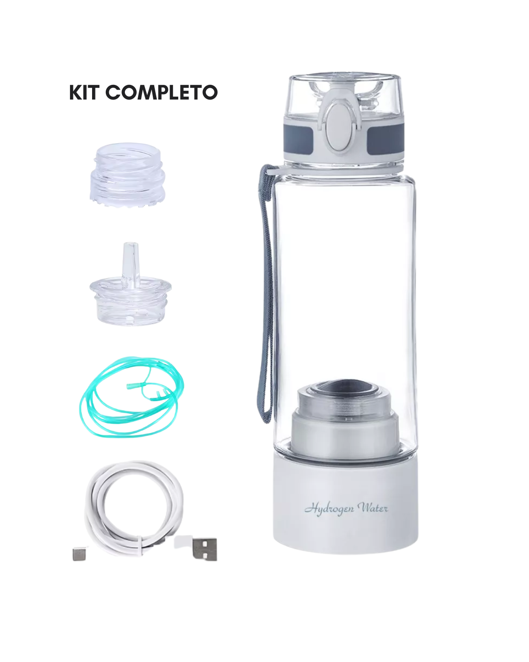 Garrafa Bluvida com inalador, carregador USB, adaptador PET e manual