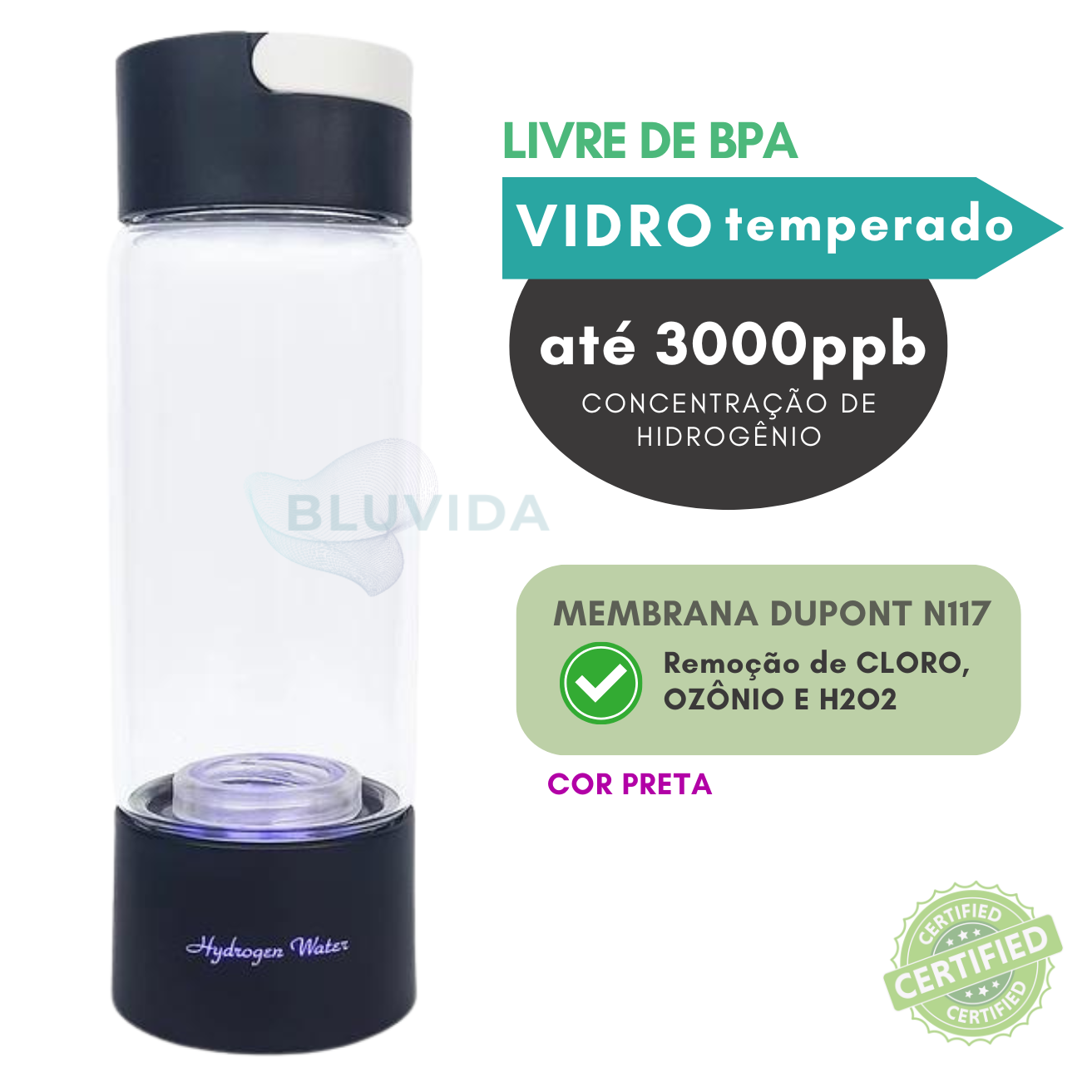 Garrafa de hidrogênio molecular | 3000 ppb (clássica - VIDRO)