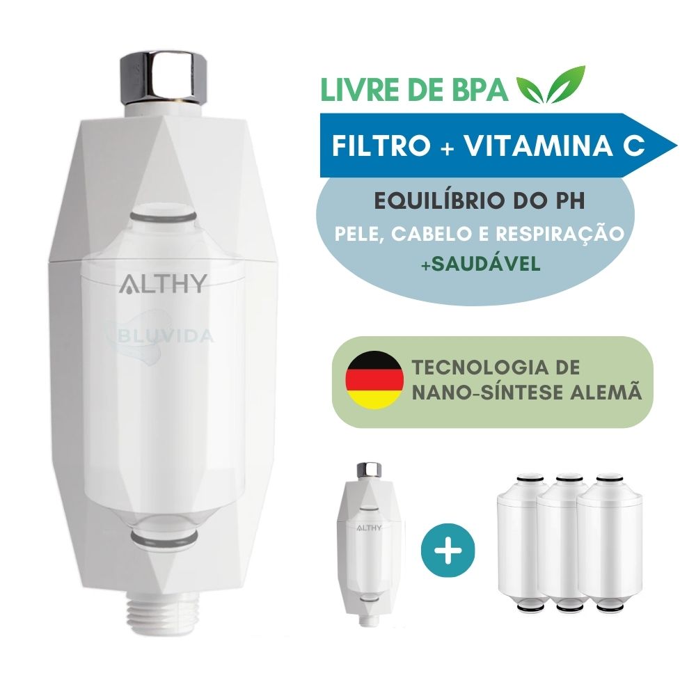 Filtro de Chuveiro ALTHY Original instalado – com cápsula protetora e refil interno, tecnologia de purificação com vitamina C