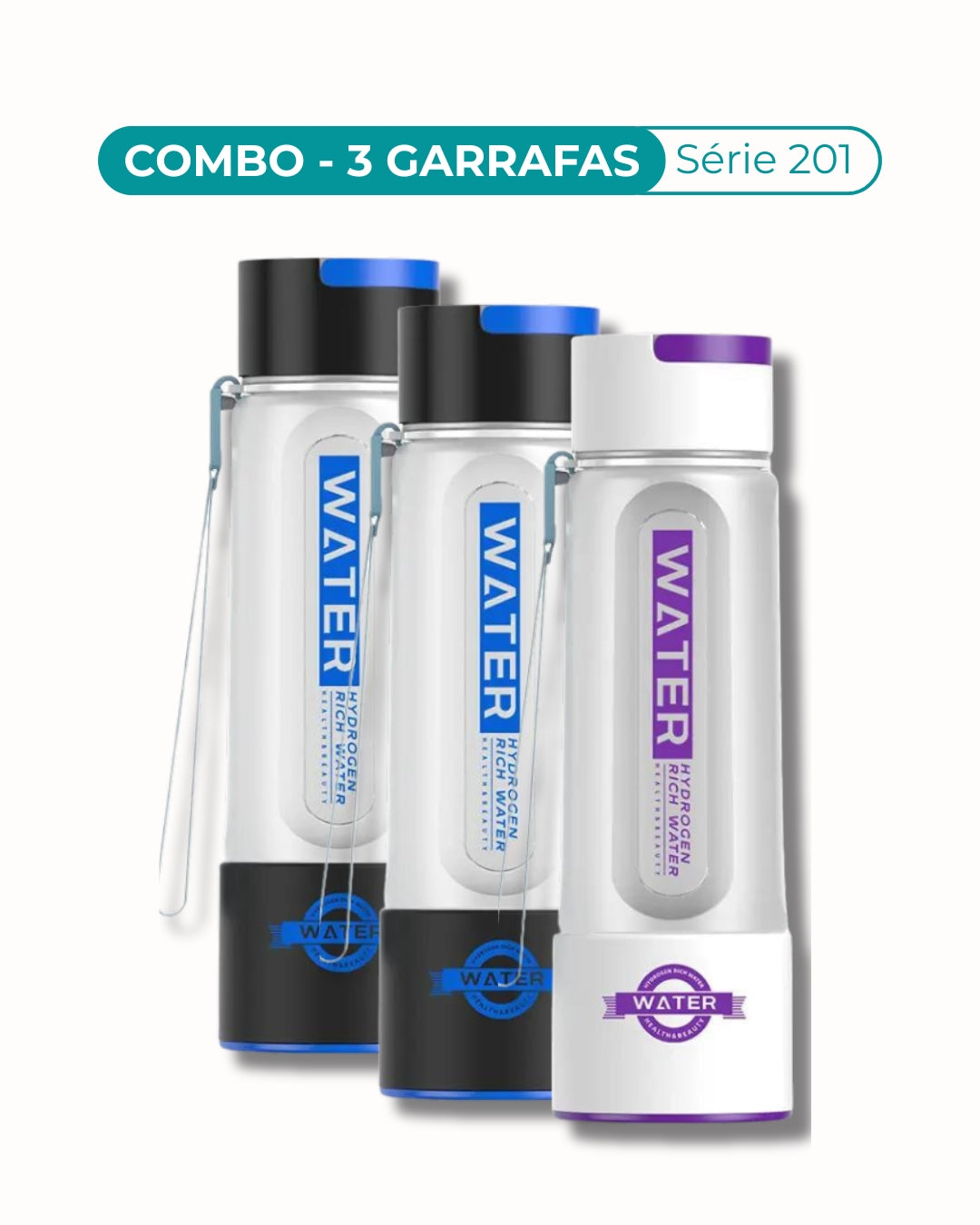 Três garrafas Série 201 TRITAN geradora de hidrogenio molecular - cores branca+preta+preta
