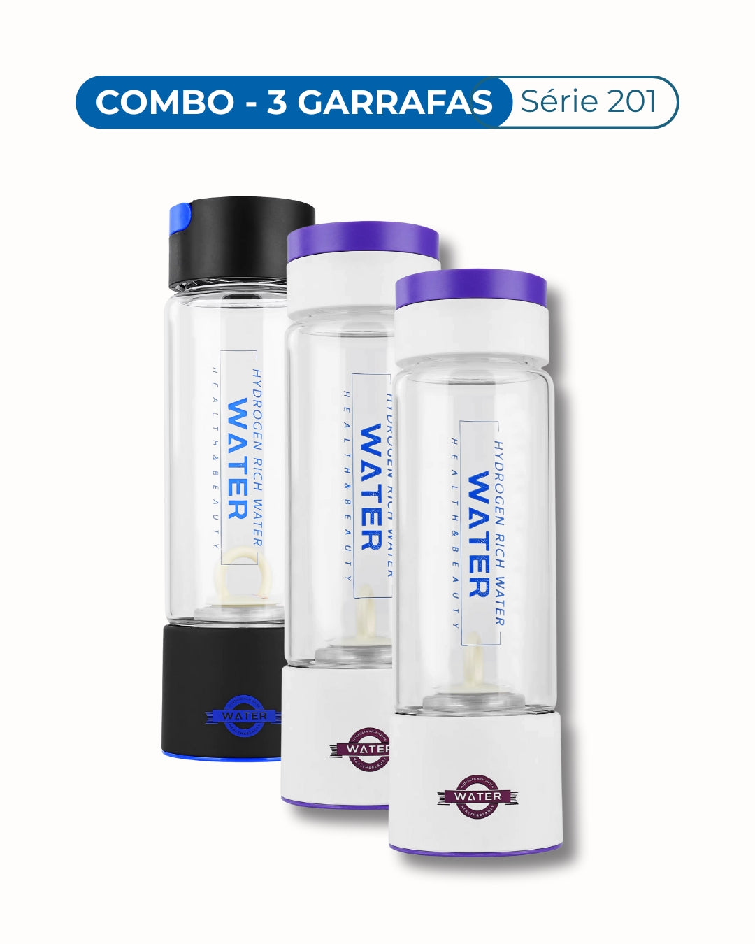Três garrafas serie 201 geradoras de hidrogenio molecular em vidro temperado lado a lado - branca+branca+preta