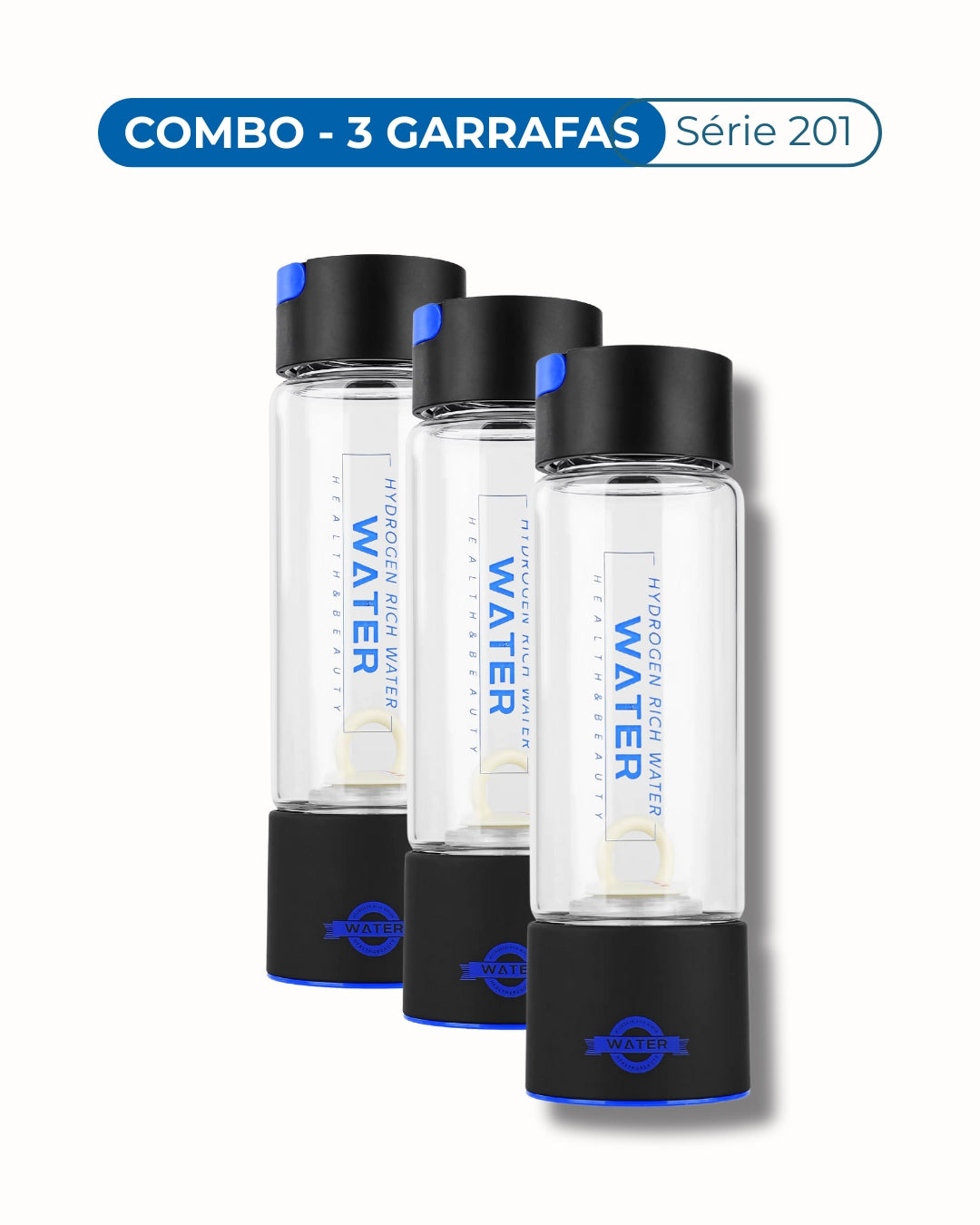 Três garrafas serie 201 geradoras de hidrogenio molecular em vidro temperado lado a lado - preta+preta+preta