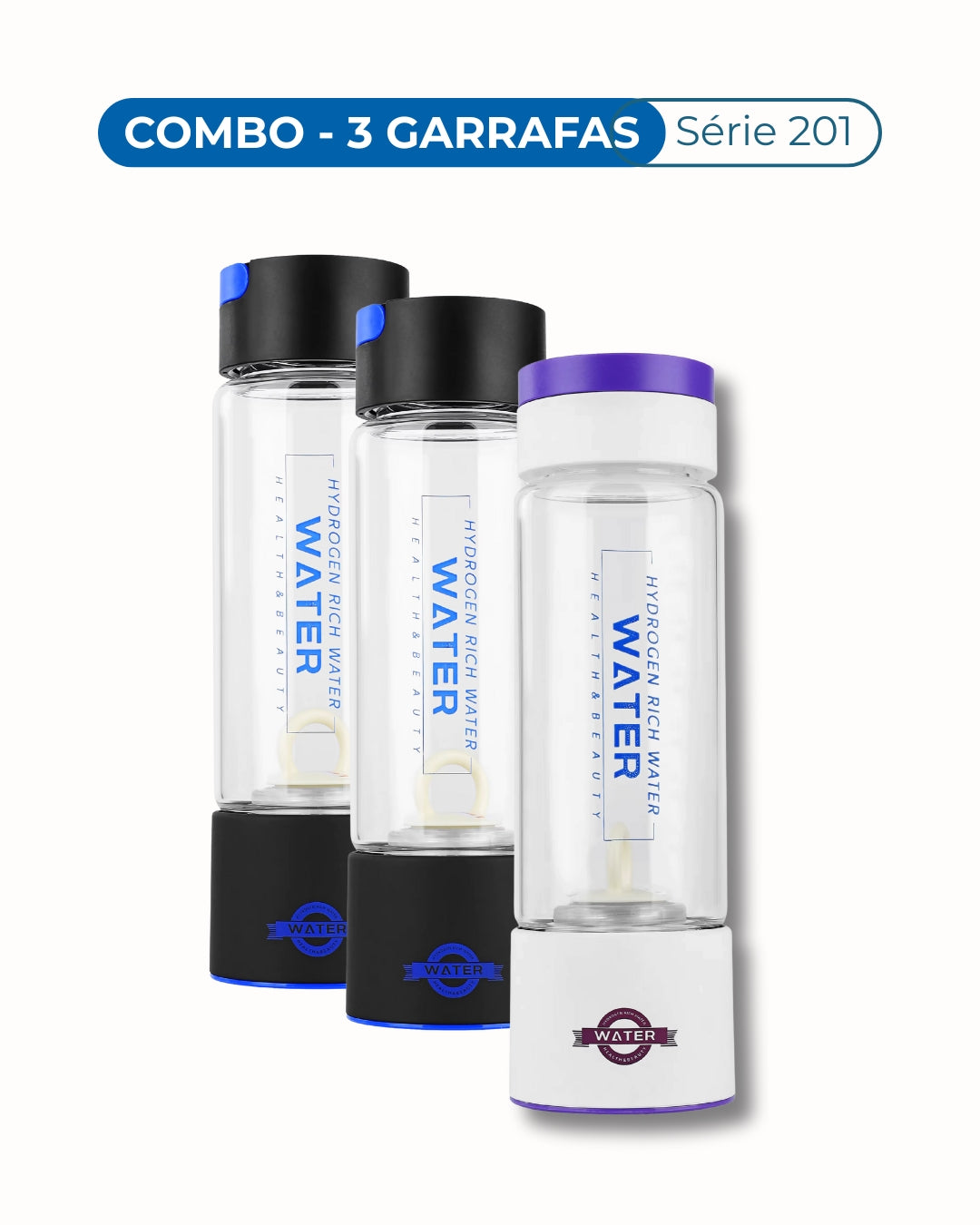Três garrafas serie 201 geradoras de hidrogenio molecular em vidro temperado lado a lado - branca+preta+preta